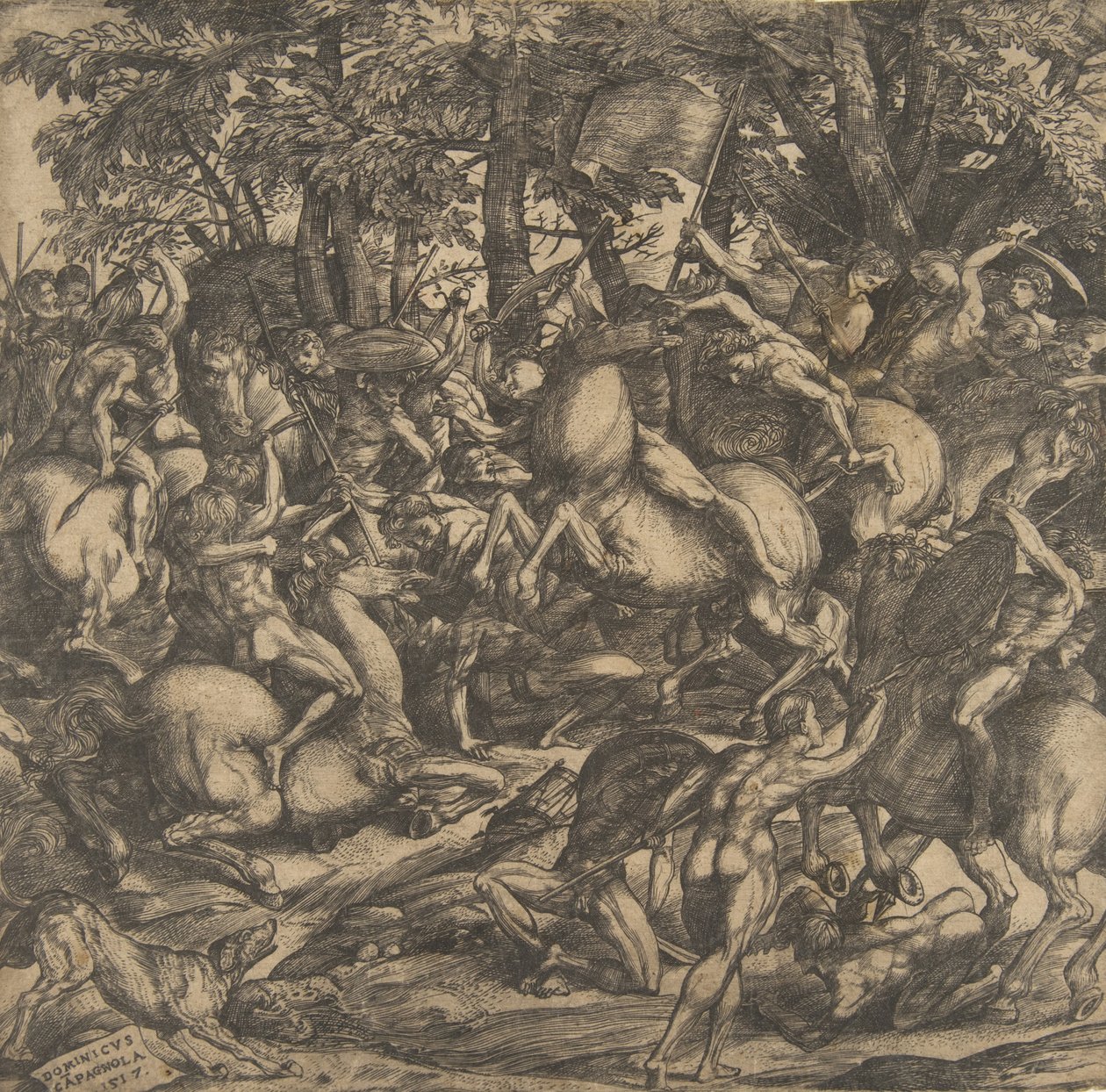 Grupp av nakna män engagerade i strid i ett skogslandskap, några till häst, en hund vid..., 1517. av Domenico Campagnola