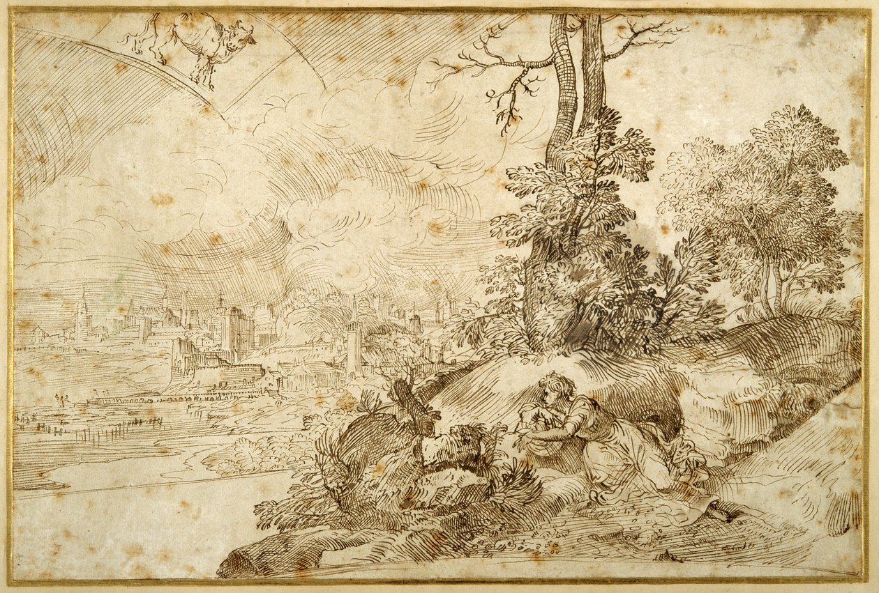 Landskap med astrologi (penna och brunt bläck på papper) av Domenico Campagnola