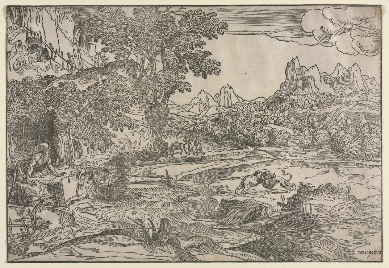 Landskap med Saint Hieronymus och två lejon av Domenico Campagnola