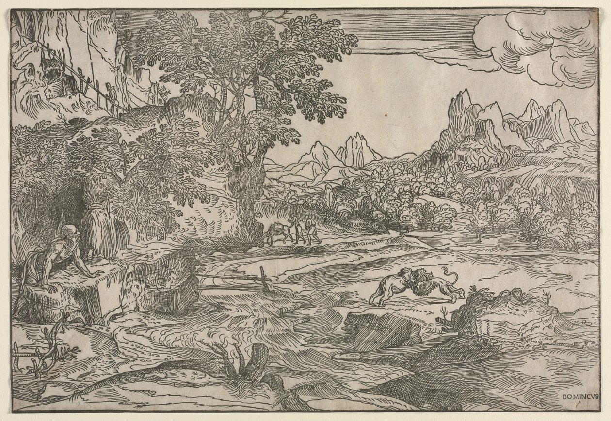 Landskap med Saint Hieronymus och två lejon, ca. 1530-35. av Domenico Campagnola