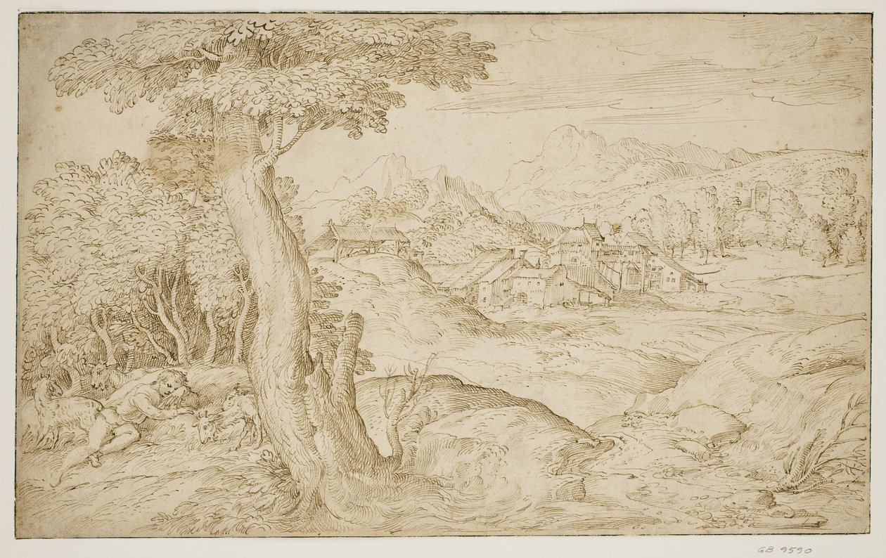 Landskap med en stad och en sovande herde av Domenico Campagnola
