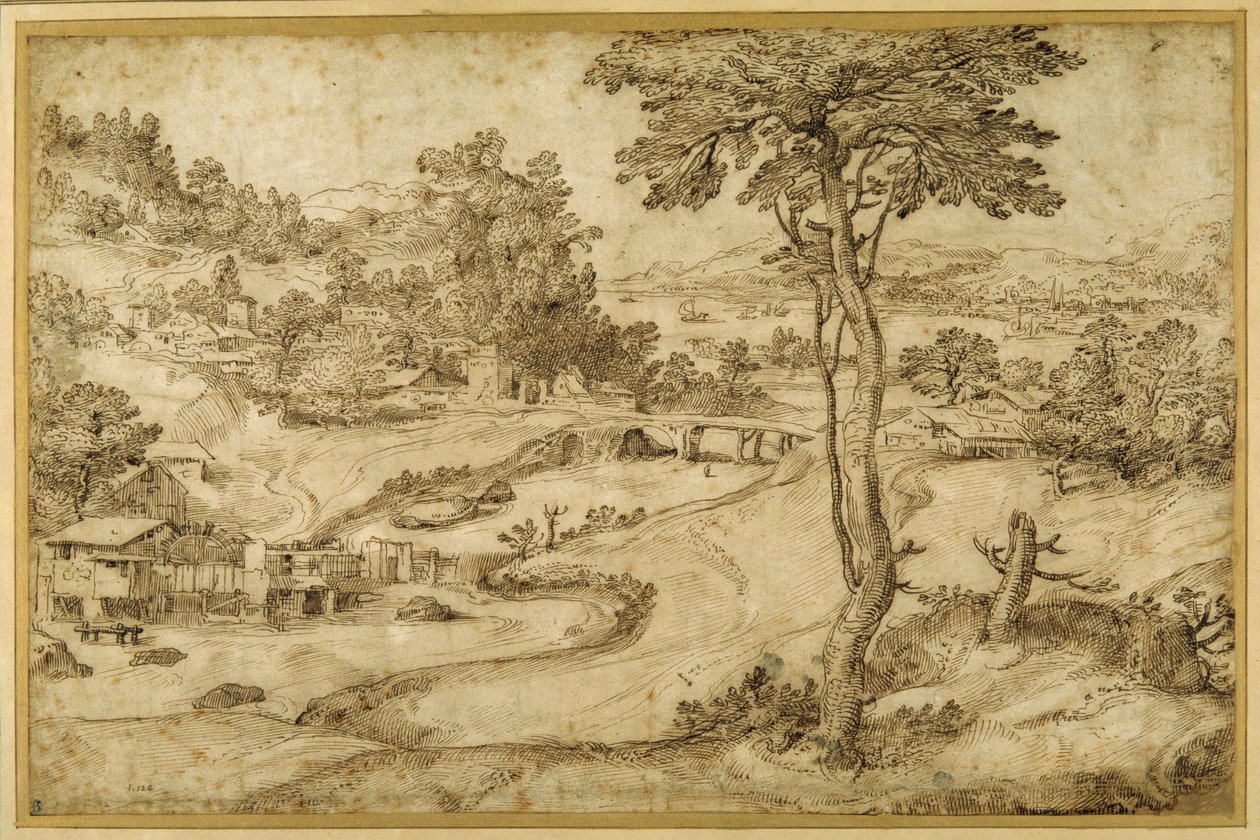 Landskap med en slingrande flod (penna & brunt bläck på vitt papper) av Domenico Campagnola