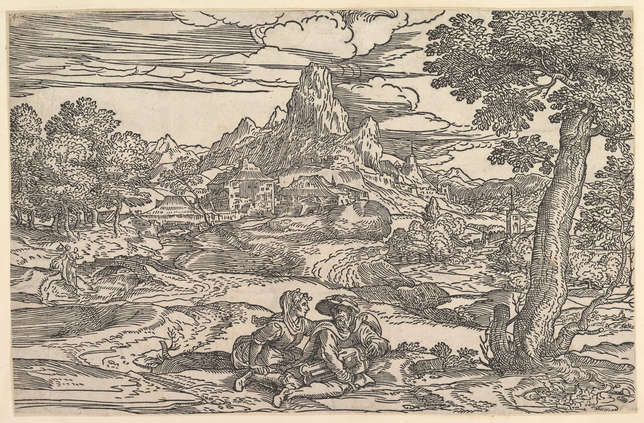 Landskap med en kvinna som sitter bredvid en man som spelar en gurd, ca. 1540. av Domenico Campagnola