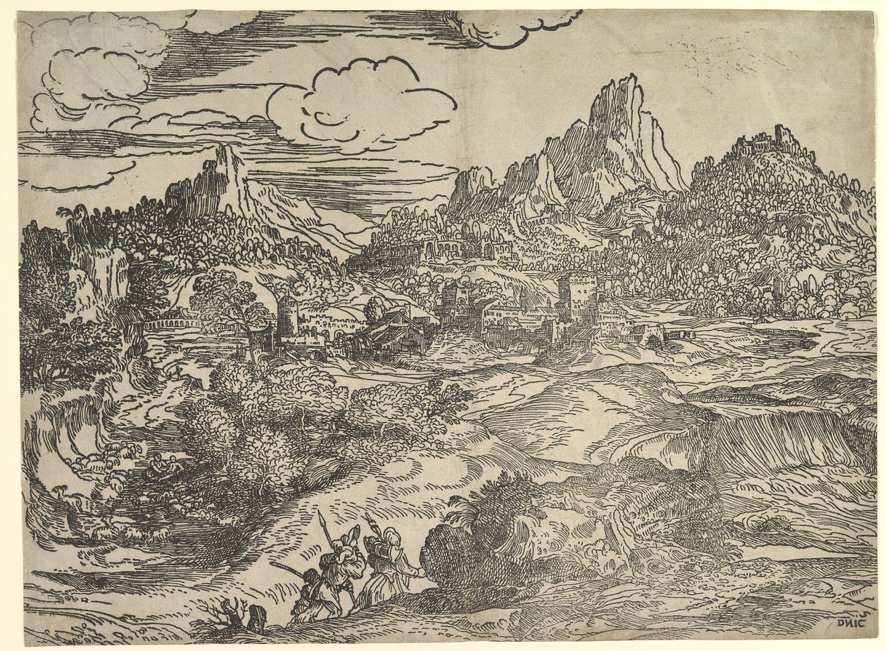 Landskap med familj som går tillsammans i förgrunden, till vänster två figurer med ..., ca. 1535-40. av Domenico Campagnola