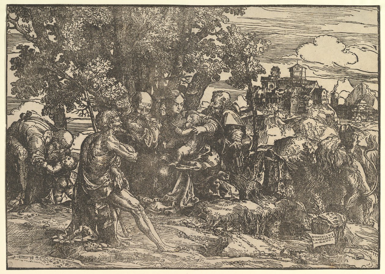 Maria satt under träd med baby, flankerad av Josef till vänster och St. Hieronymus till höger, St..., 1517. av Domenico Campagnola