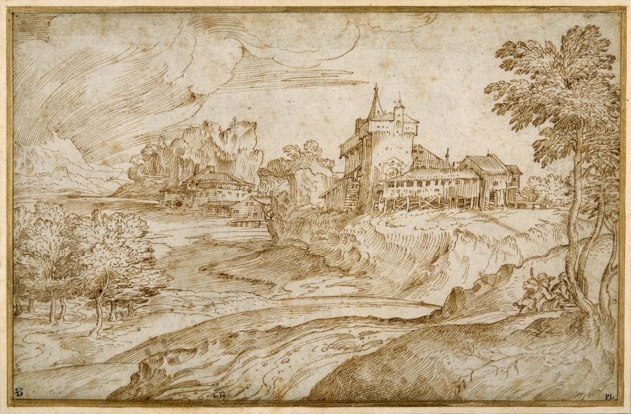Bergigt landskap med ett slott och andra byggnader vid en flod; en man som skyndar på en kvinna, till höger, ca 1540 (penna & brunt bläck på vitt papper) av Domenico Campagnola
