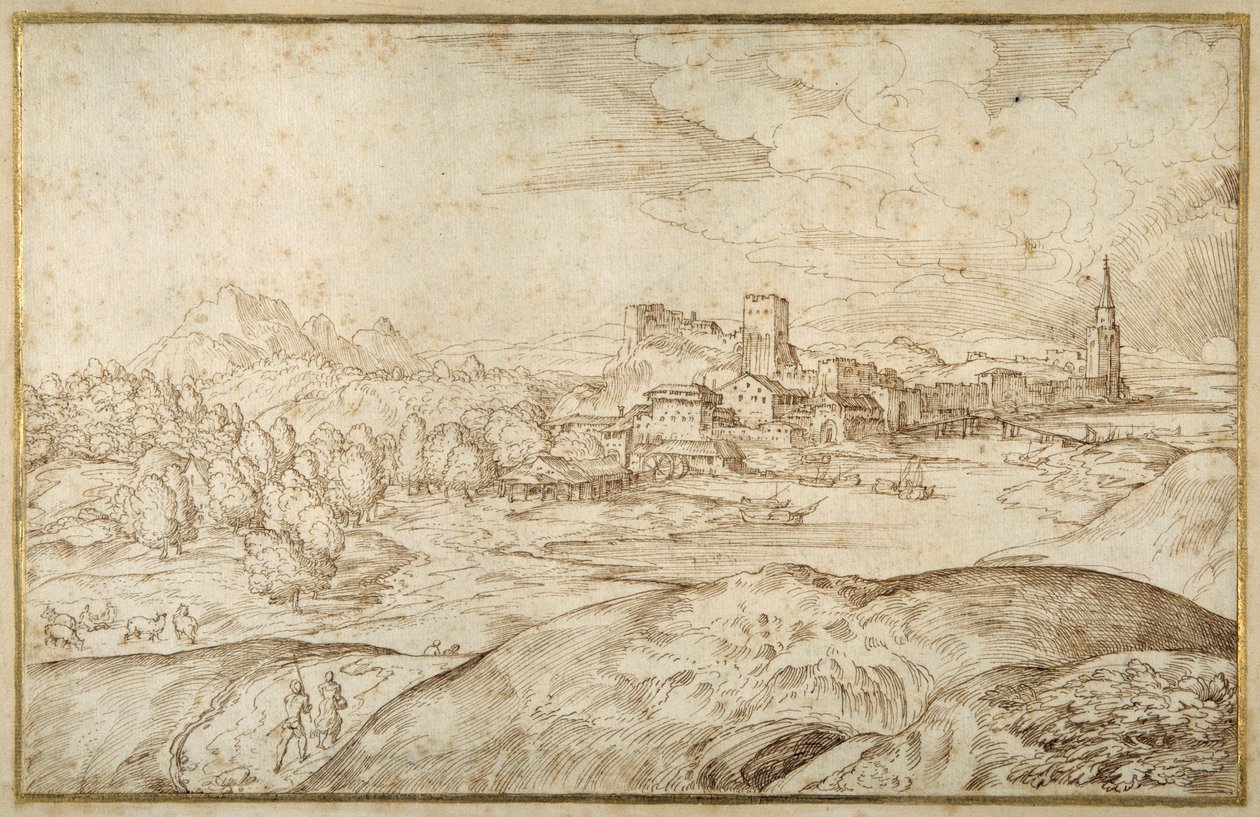 Bergigt landskap med en flod och en befäst stad med ett torn med torn (penna och brunt bläck på vitt papper) av Domenico Campagnola