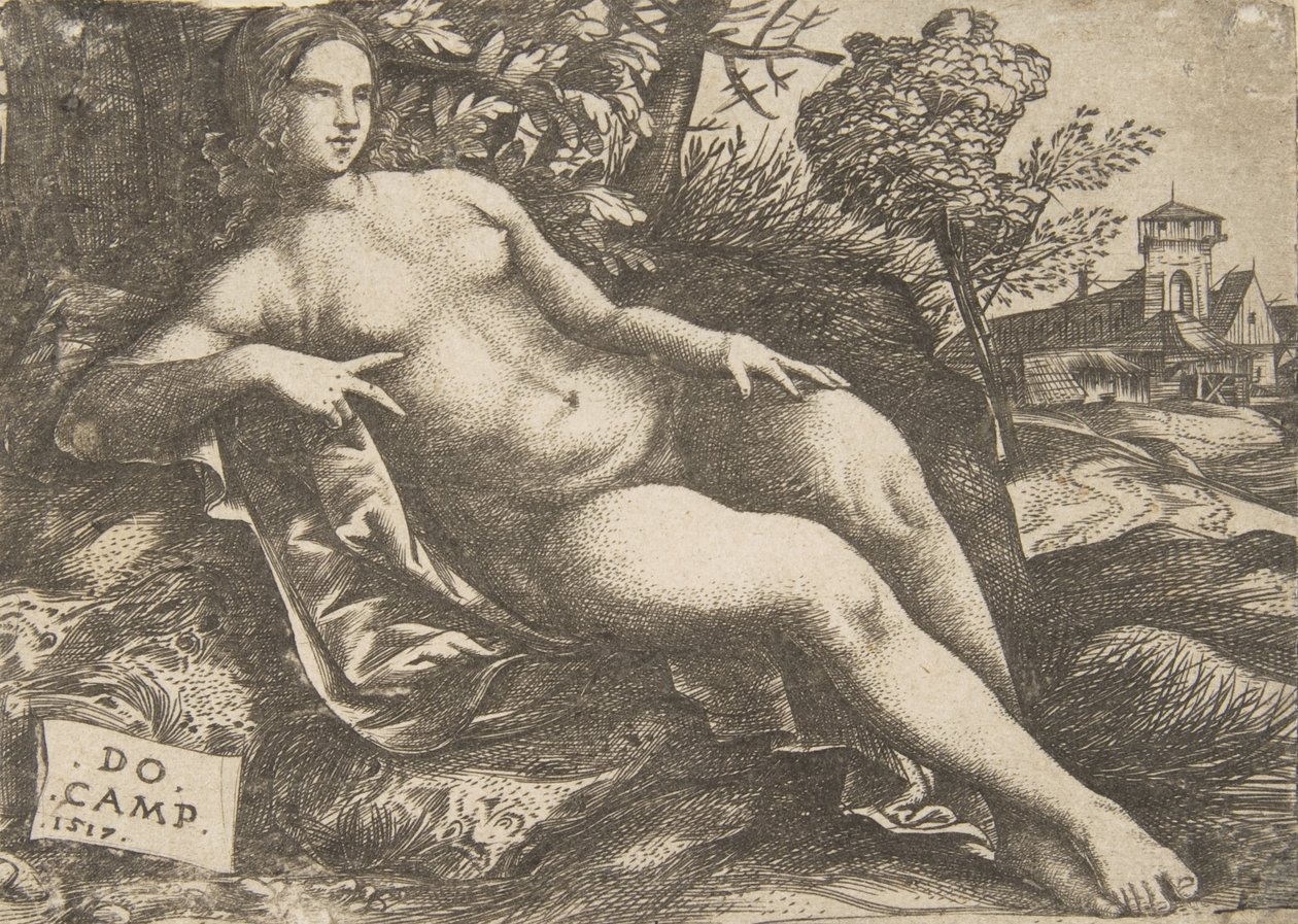 Naken kvinna Venus liggande i ett landskap, 1517. av Domenico Campagnola