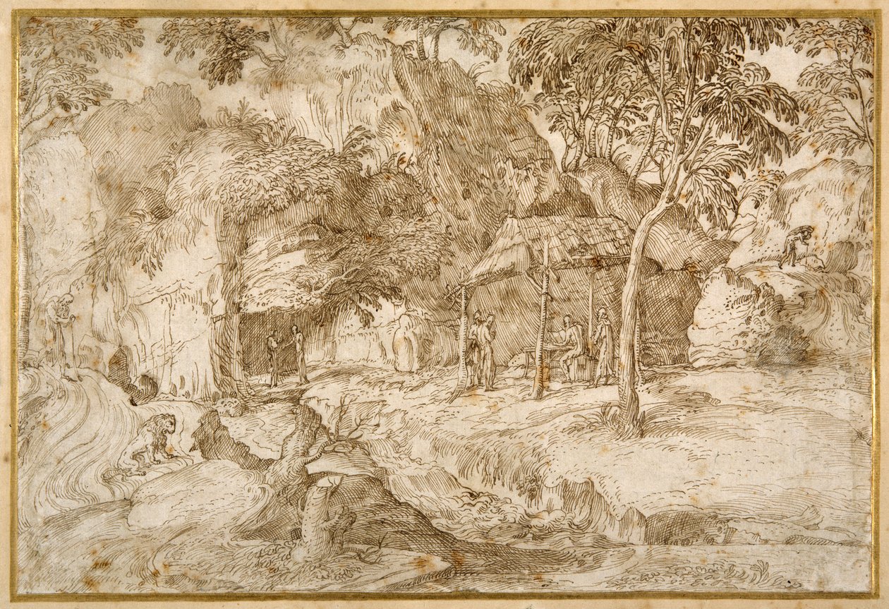 Pilgrimer som besöker St Hieronymus i vildmarken (penna & brunt bläck på vitt papper) av Domenico Campagnola