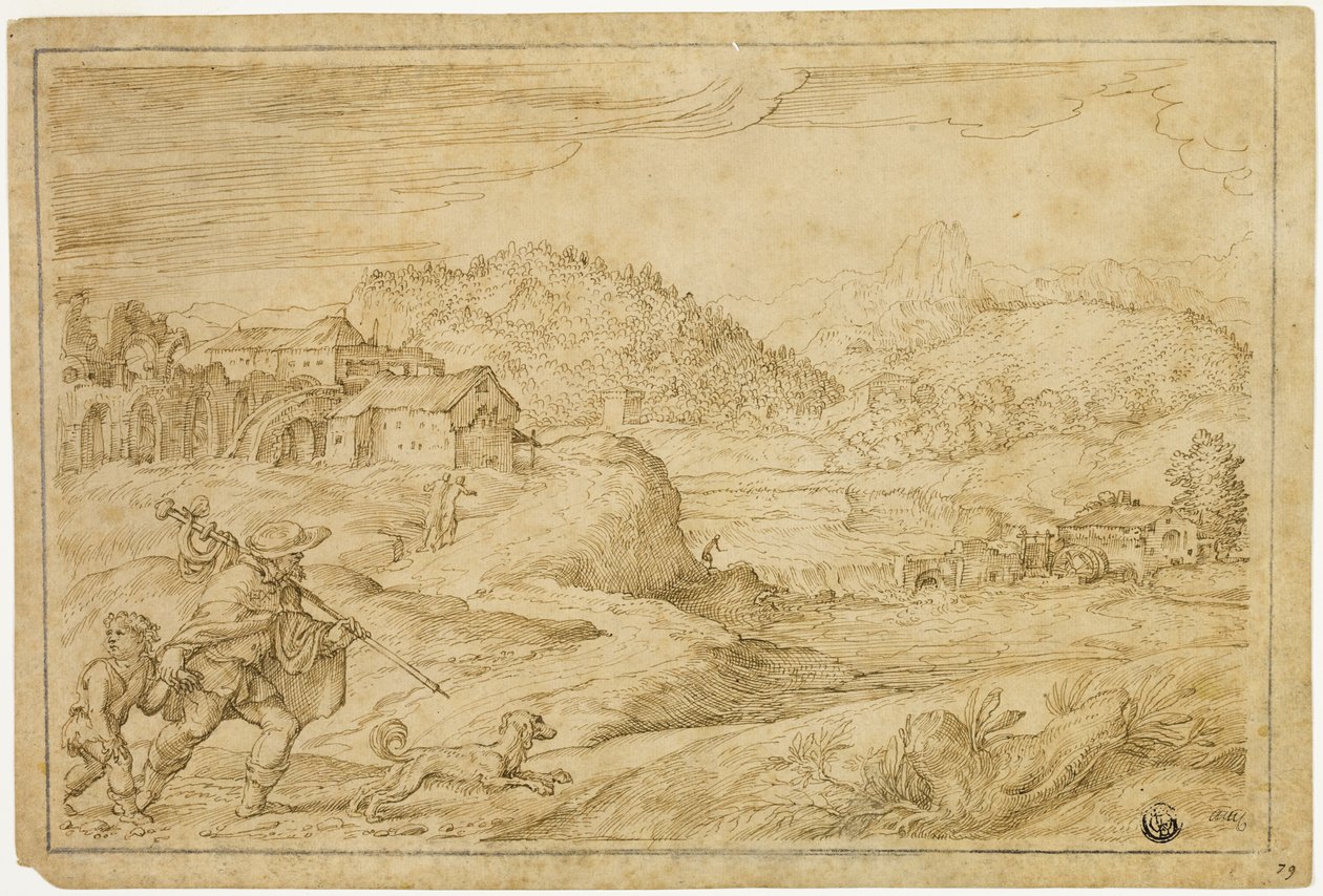 Flodlandskap med Saint Roch och ett barn som reser med hund av Domenico Campagnola