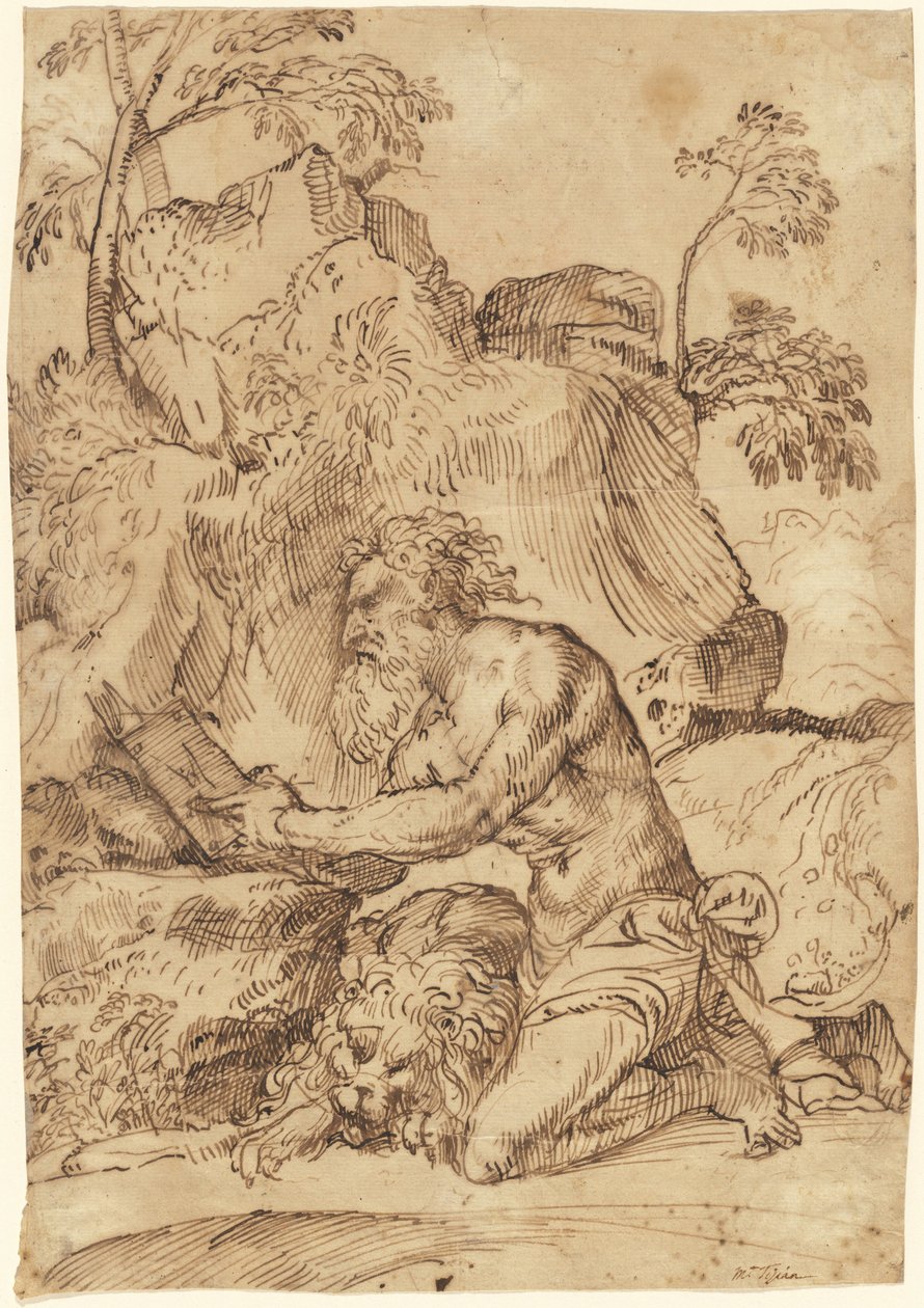 Saint Jerome läser i vildmarken av Domenico Campagnola