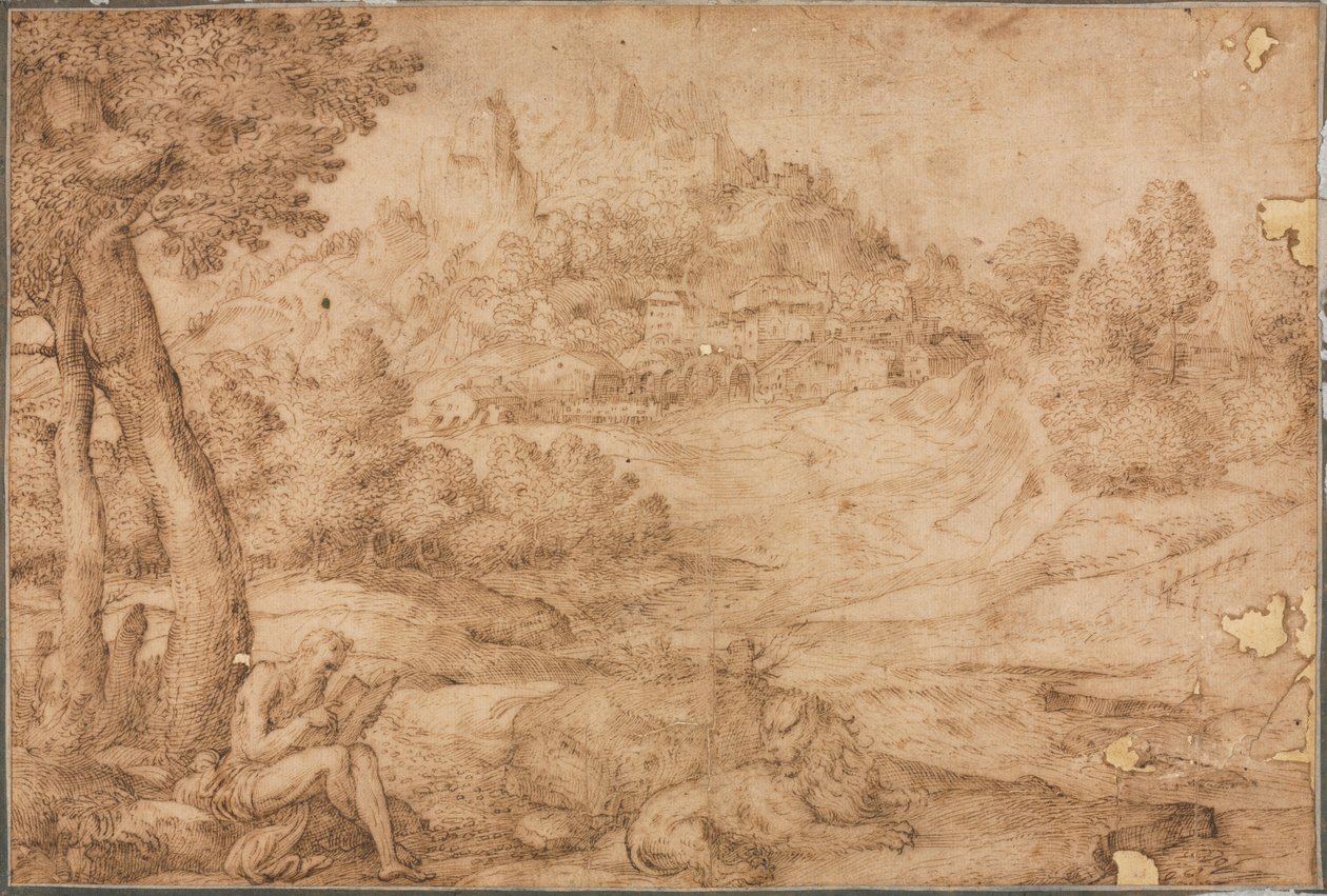 Saint Hieronymus i ett landskap av Domenico Campagnola