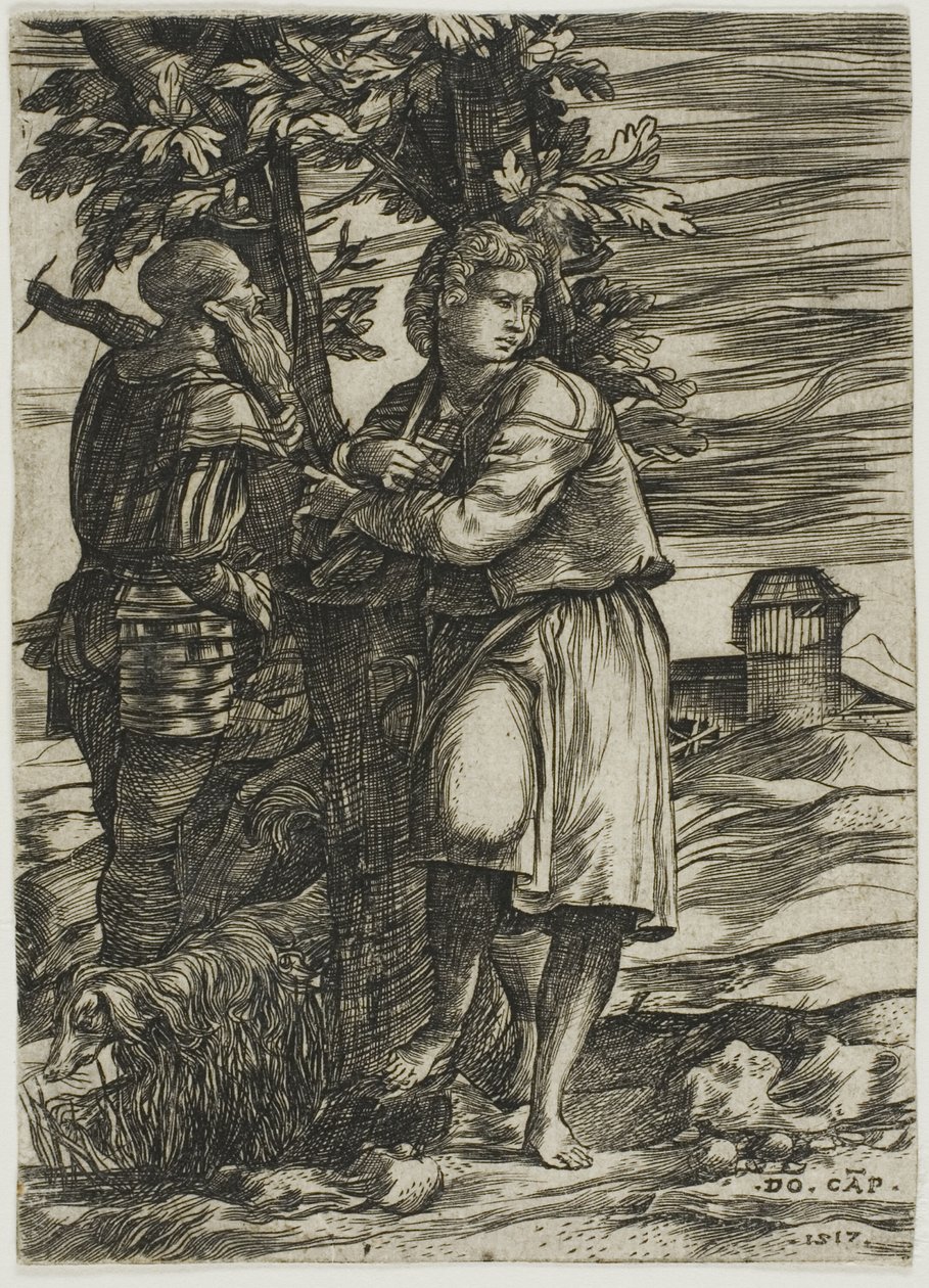 Shepherd och Old Warrior av Domenico Campagnola