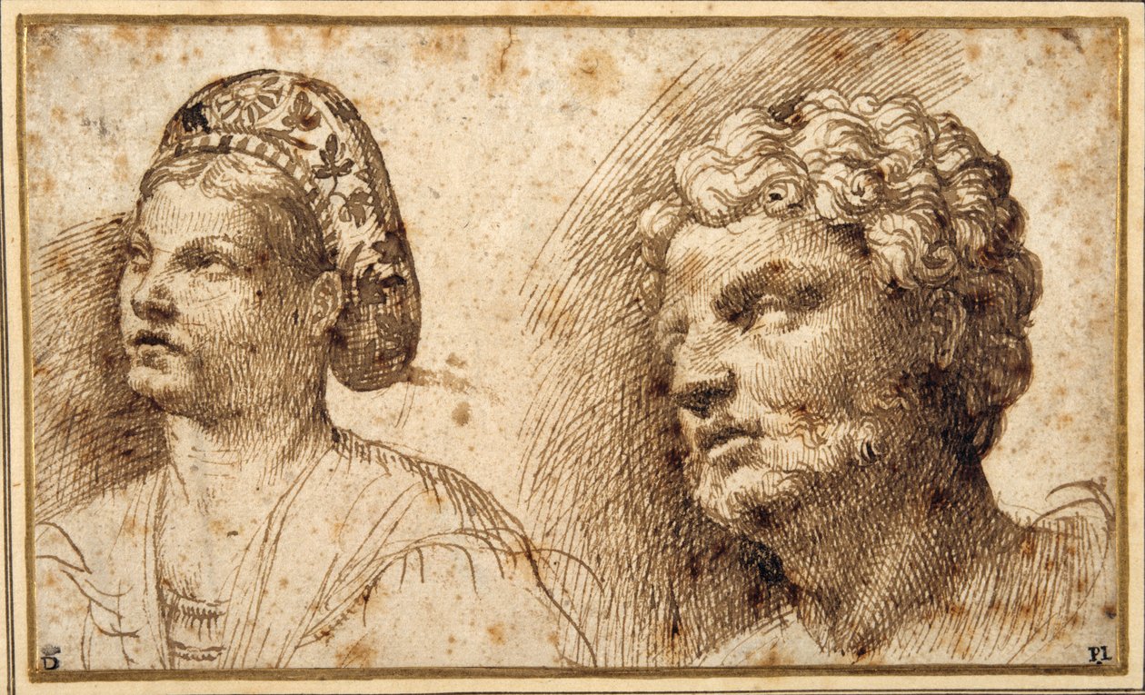 Studie av huvudet och axlarna på en ung kvinna som bär en balza och av huvudet på en skäggig man (penna och bläck på papper) av Domenico Campagnola
