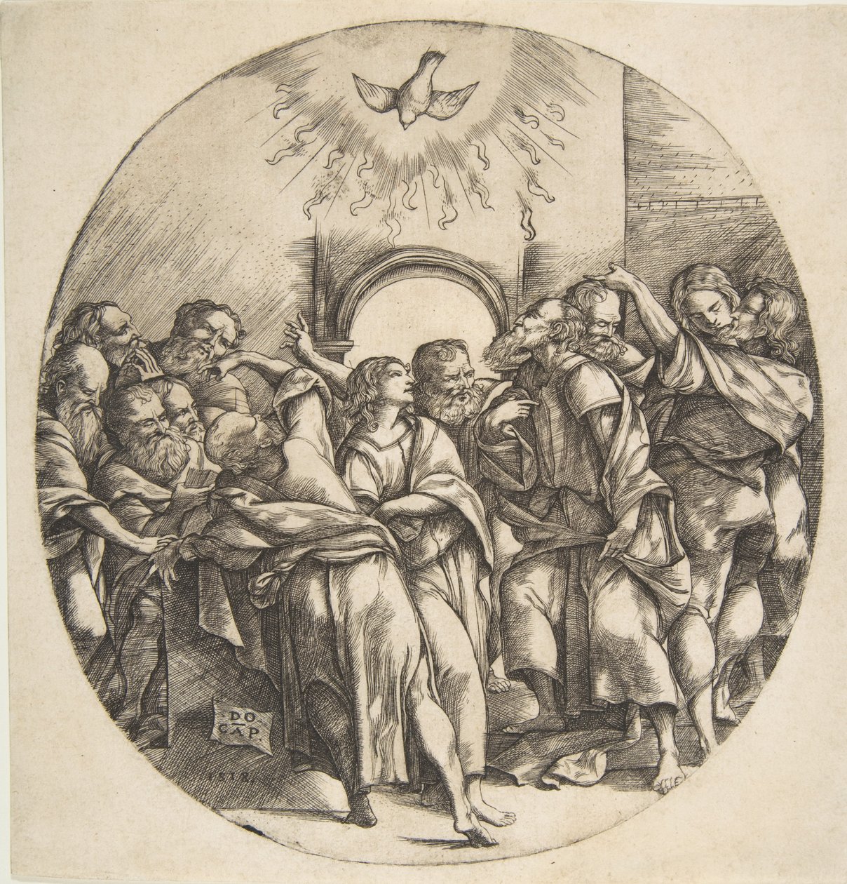 Den Helige Ande som en fågel som stiger ned med spridda vingar högst upp i mitten, de tolv apostlarna ..., 1518. av Domenico Campagnola
