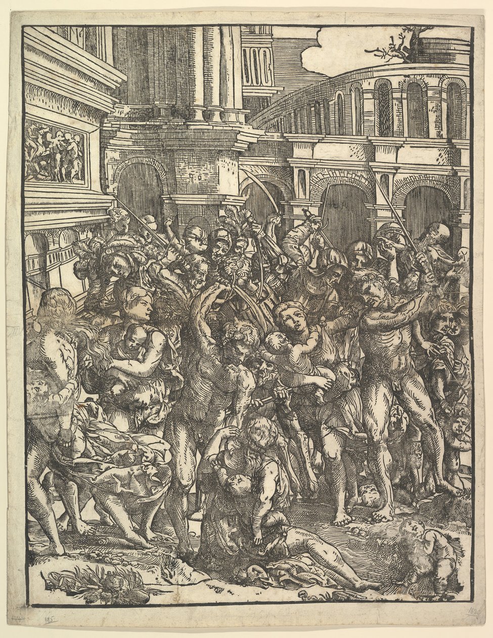 The Massacre of the Innocents Höger sida med en grupp mansfigurer som attackerar kvinnor och ..., 1517. av Domenico Campagnola
