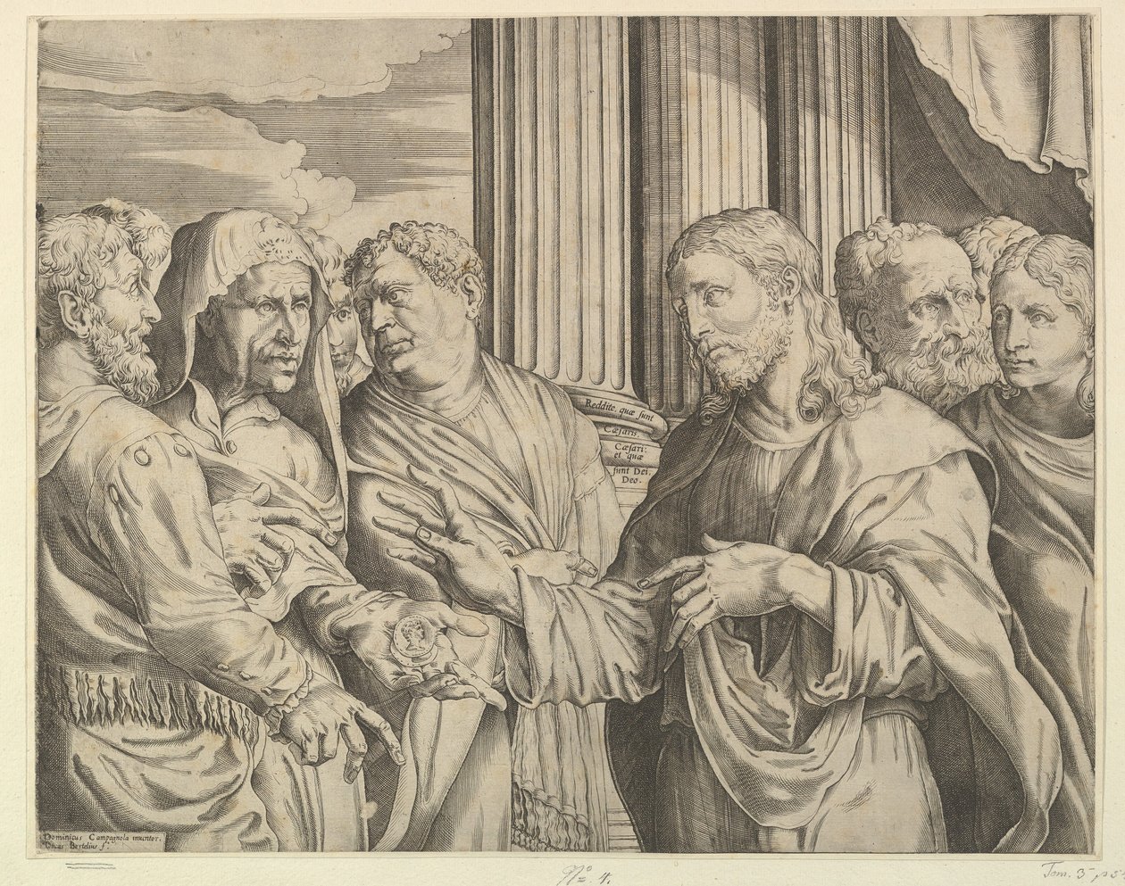 Tribute Money: Kristus i mitten till höger och gestikulerar till mannen till vänster med mynt ..., ca. 1564-89. av Domenico Campagnola