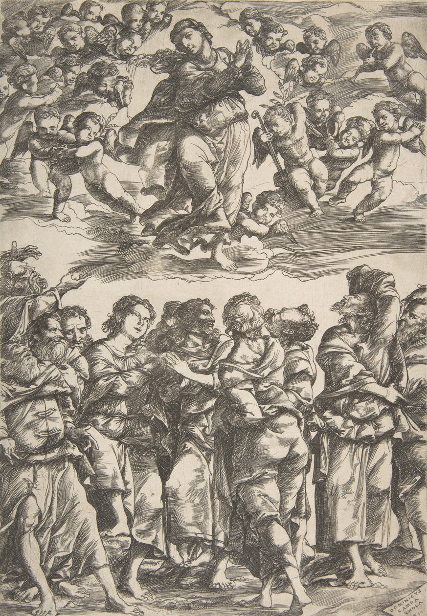 Jungfrun högst upp i mitten i moln med knäppta händer och höger fot upphöjd, omgiven av..., 1517. av Domenico Campagnola