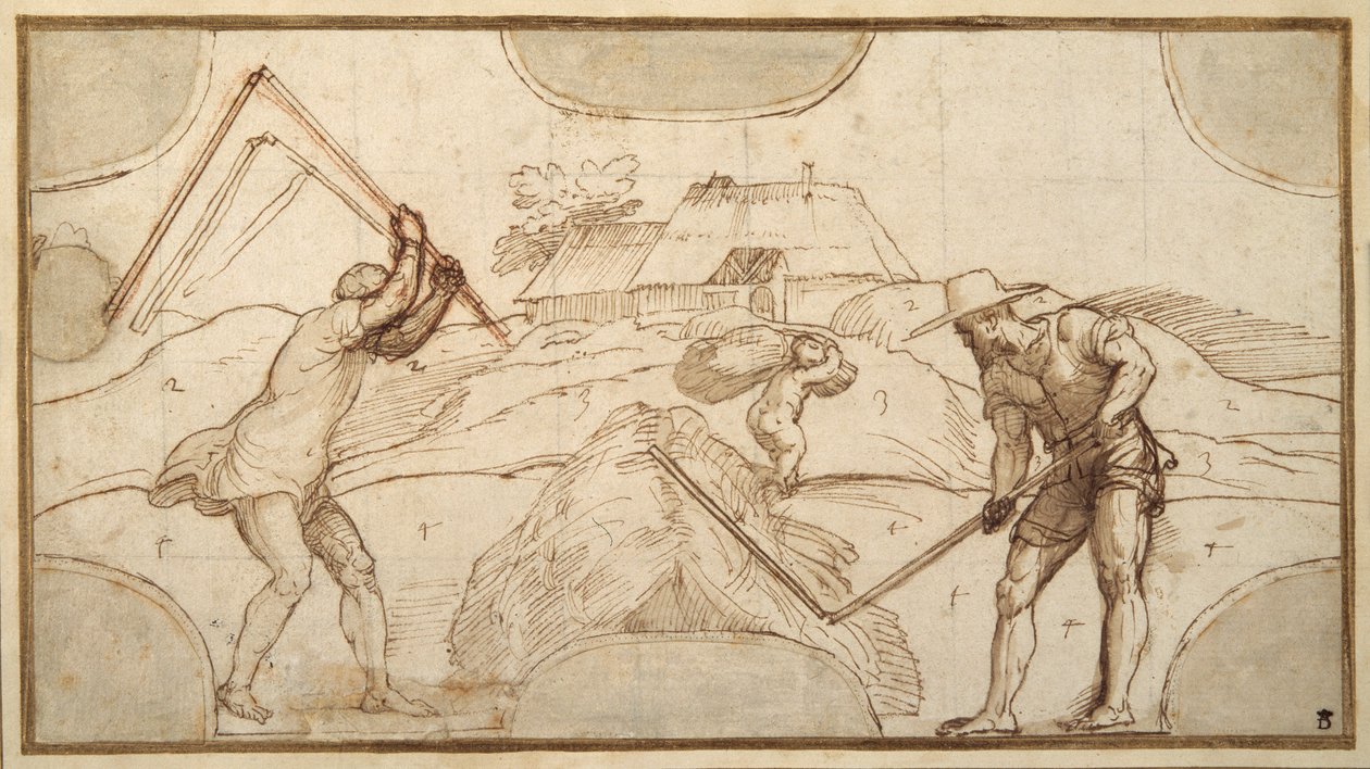 Två bönder som tröskar (penna & brunt bläck med brun tvätt på papper) av Domenico Campagnola