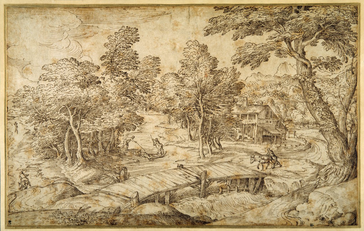 Skogbevuxet landskap med en bondgård och en träbro över en sluss (penna & brunt bläck på papper) av Domenico Campagnola