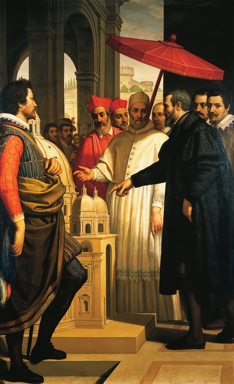 Michelangelo presenterar modellen för fullbordandet av Peterskyrkan för påven Pius IV av Domenico Cresti
