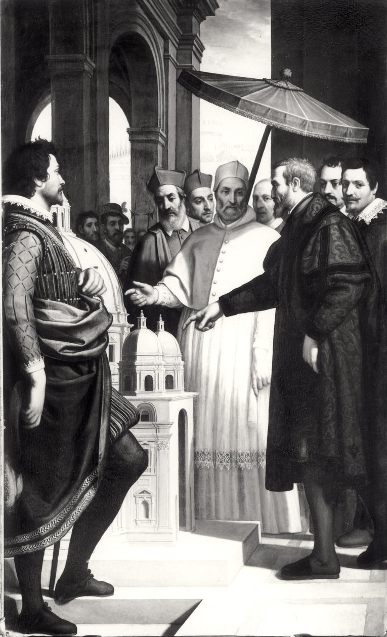 Michelangelo (1475-1564) presenterar en modell av St. Peters kupol för påven Paul IV (1476-1559) av Domenico Cresti