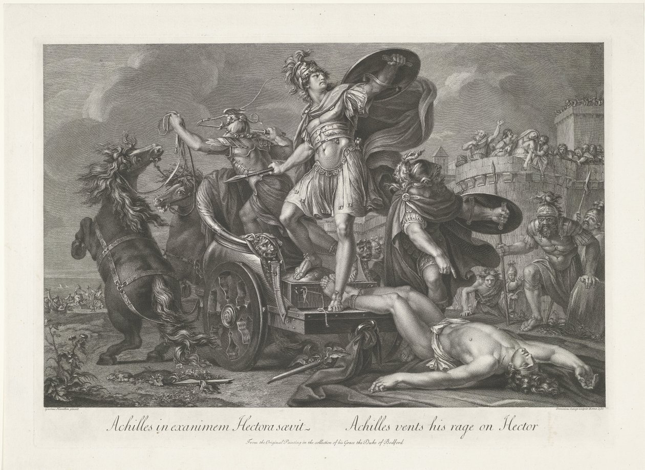 Achilles släpar Hectors lik bakom sin vagn Achilles i exanimem Hectora saevit / Achilles ventilerar sin ilska på Hector (titel på objekt) av Domenico Cunego