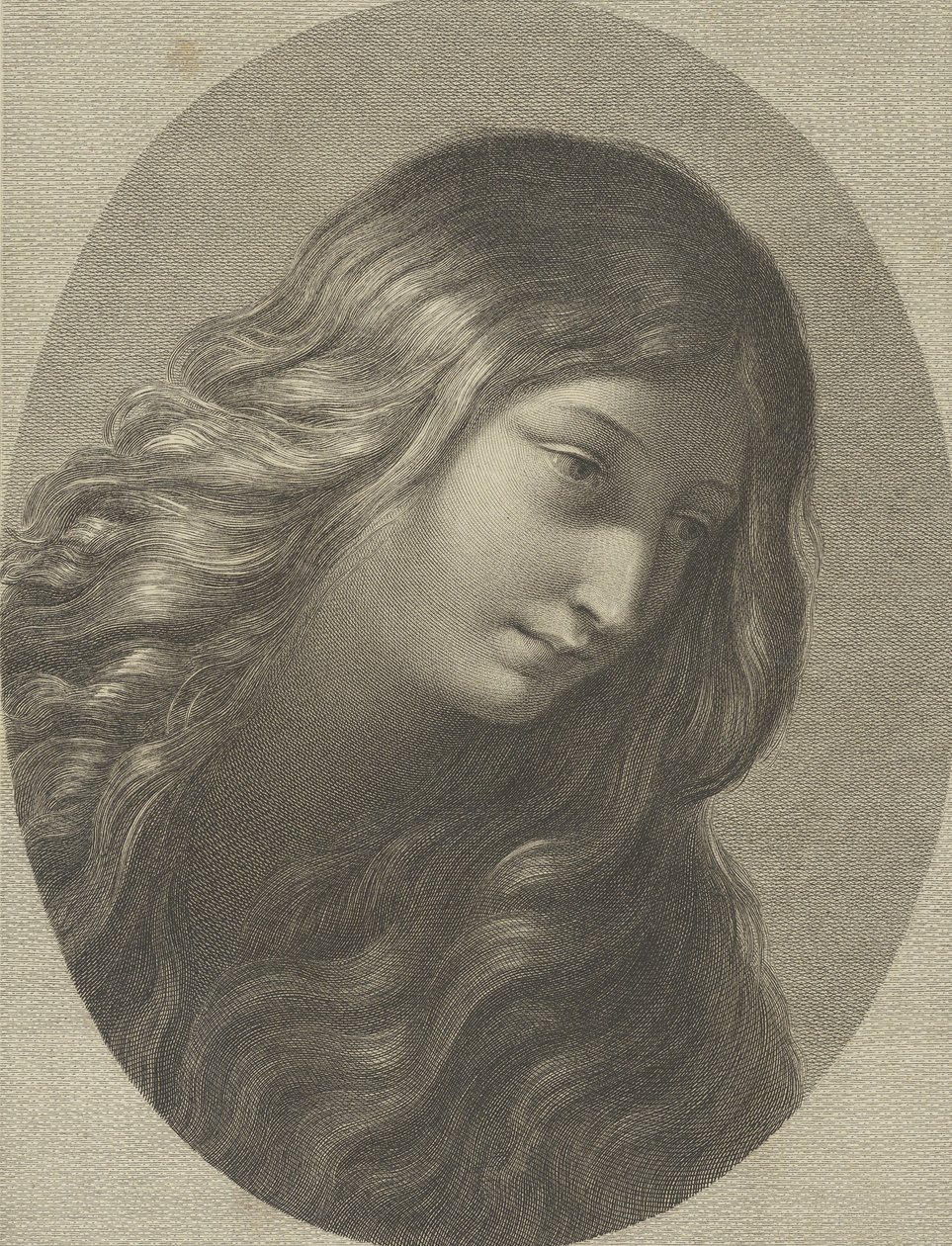 Huvudet på Maria Magdalena tittar ner till höger, i en oval ram, efter Ren..., ca. 1745-1803. av Domenico Cunego