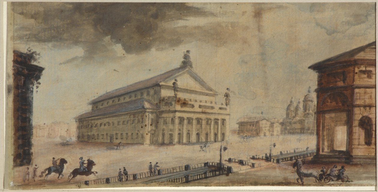 Sankt Petersburgs kejserliga Bolshoi Kamenny-teatern - Domenico Felice Lamoni (1745-1830). Akvarell och vit färg på papper, före 1783. Statens museum för Sankt Petersburgs historia av Domenico Felice Lamoni