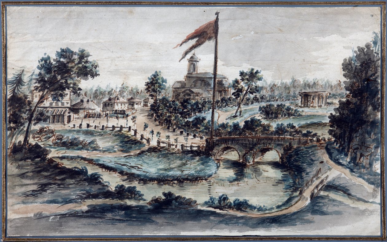 Utsikt över Pavlovskparken med sjukhuset St Mary Magdalena, ca 1783 (wc på papper) av Domenico Felice Lamoni