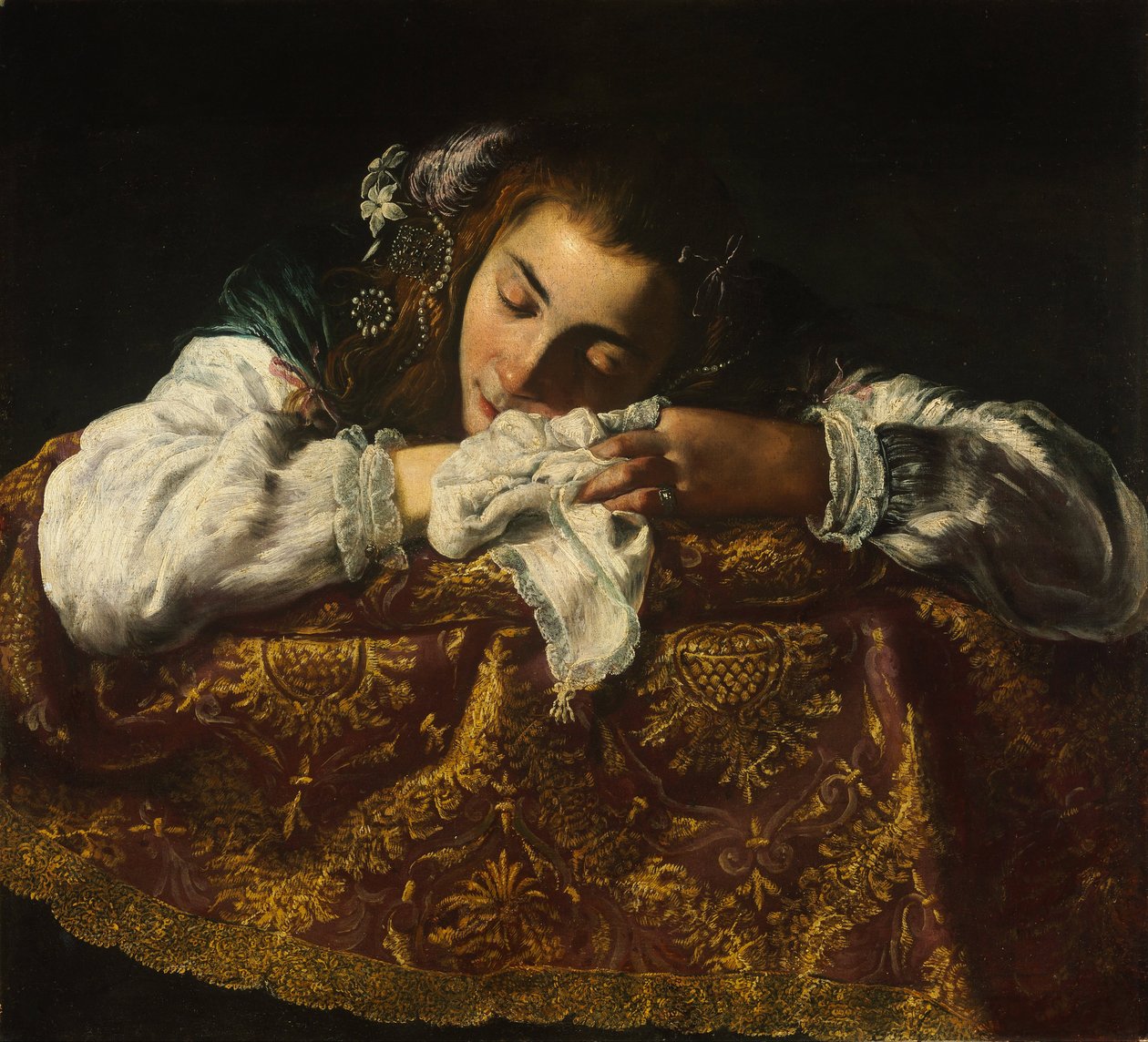 Sleeping Girl - Peinture de Domenico Fetti (1588 / 90-1623) - 1621-1622 - Olja på duk - 67,5x74 - Szepmuveszeti Muzeum, Budapest av Domenico Fetti or Feti