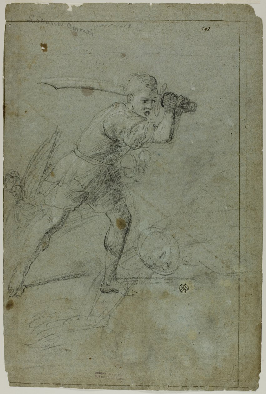 David som halshugger Goliat (rekto); Skiss av draperad kvinnlig figur med höger arm upphöjd över huvudet (verso) av Domenico Fiasella