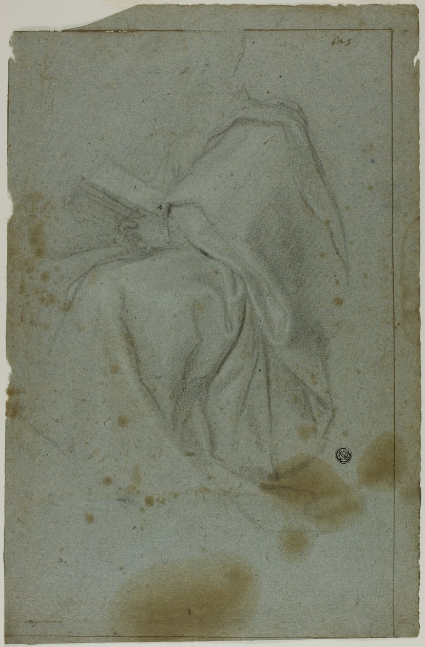 Sittande draperad mansfigur med bok (recto); Två sittande kvinnor med skiss av vänster hand (verso) av Domenico Fiasella