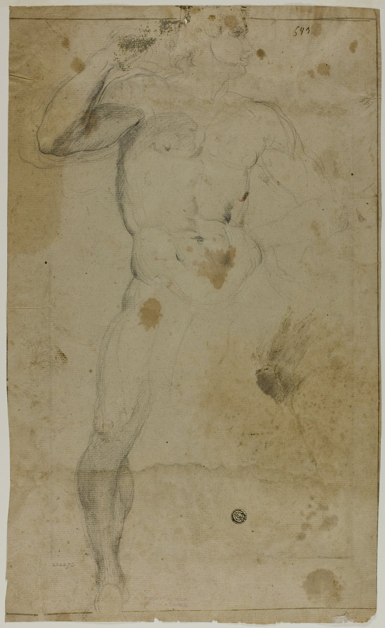 Stående manlig naken (recto); Två halvlånga mansfigurer, en med upphöjd arm, den andra ber (omvänd) av Domenico Fiasella