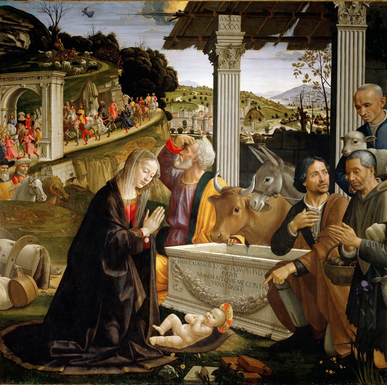 Tillbedjan av herdarna Målning av Domenico Ghirlandaio (1449-1494) 1483-1485 Sön 167x167 cm Capella Sassetti, Santa Trinita, Florens av Domenico Ghirlandaio