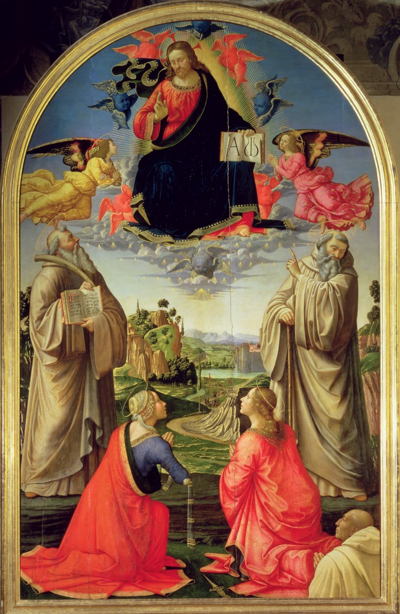 Kristus i ära med den helige Benedictus (ca 480-547), den helige Romuald (ca 952-1027), den heliga Attinia, den heliga Grecinia och donatorn, abbot Buonvicini, 1492 (panel) (för detaljer se 85138) av Domenico Ghirlandaio