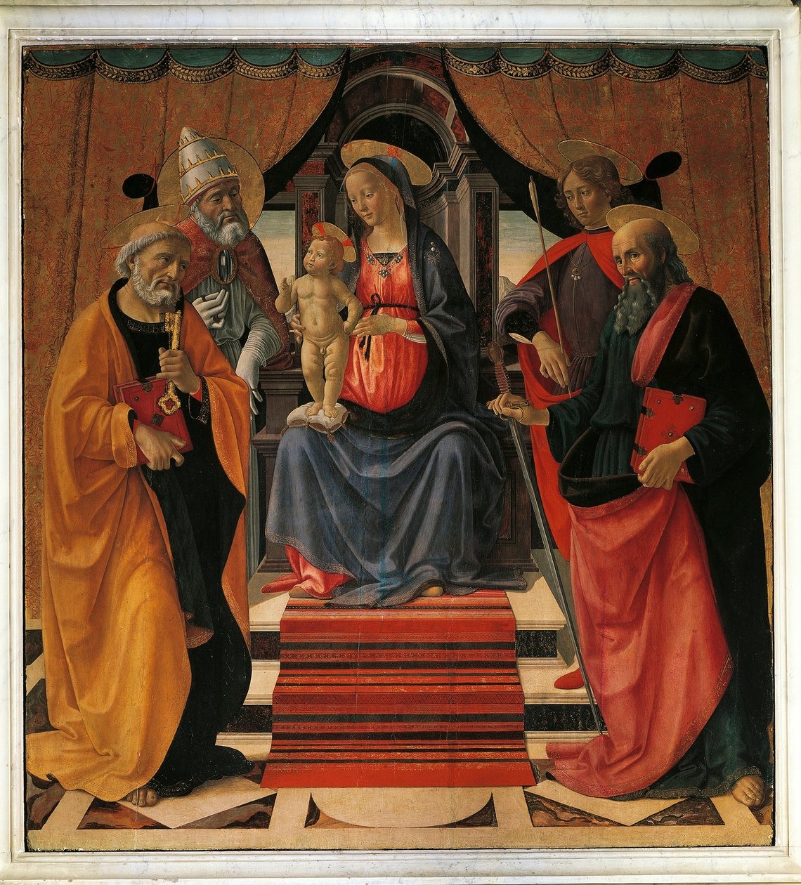 Heligt samtal. Jungfru Maria och Jesus Kristus omgiven av St. Peter, St. Paul, St. Sebastian och påven St. Clemens (målning av Domenico Ghirlandaio