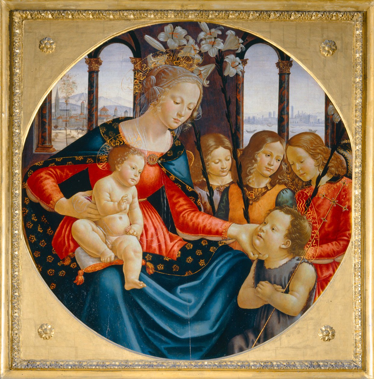 Jungfru Maria och barnet med den unge Johannes Döparen och tre änglar ... av Domenico Ghirlandaio