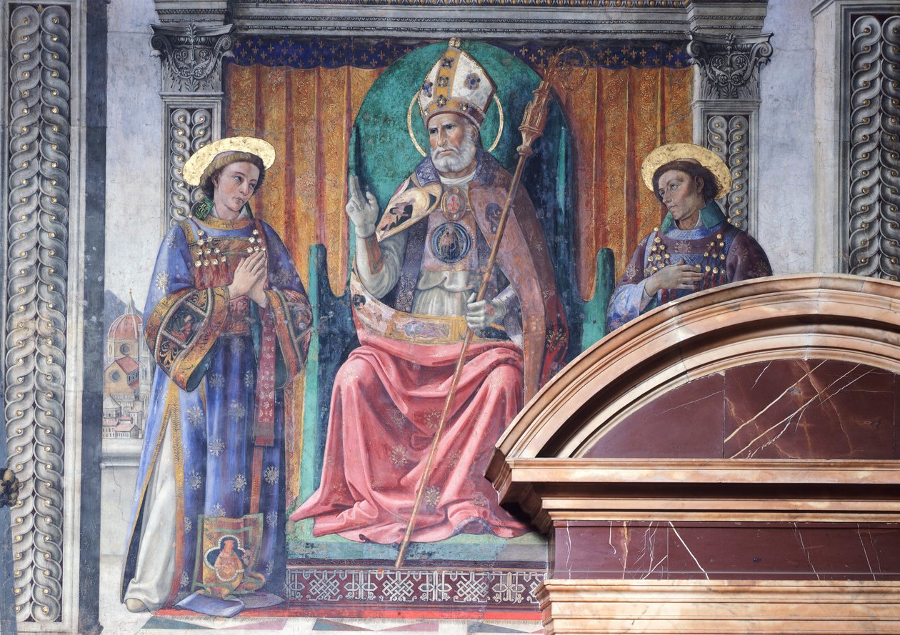 St Zenobius, biskop och beskyddare av Florens, mellan Saints Eugene och Crescenzio och Marzocco, lejonet, symbol för staden av Domenico Ghirlandaio (1449-1494), fresk, detalj, Palazzo Vecchio, Lilies Room (Sala dei Gigli), Florens av Domenico Ghirlandaio