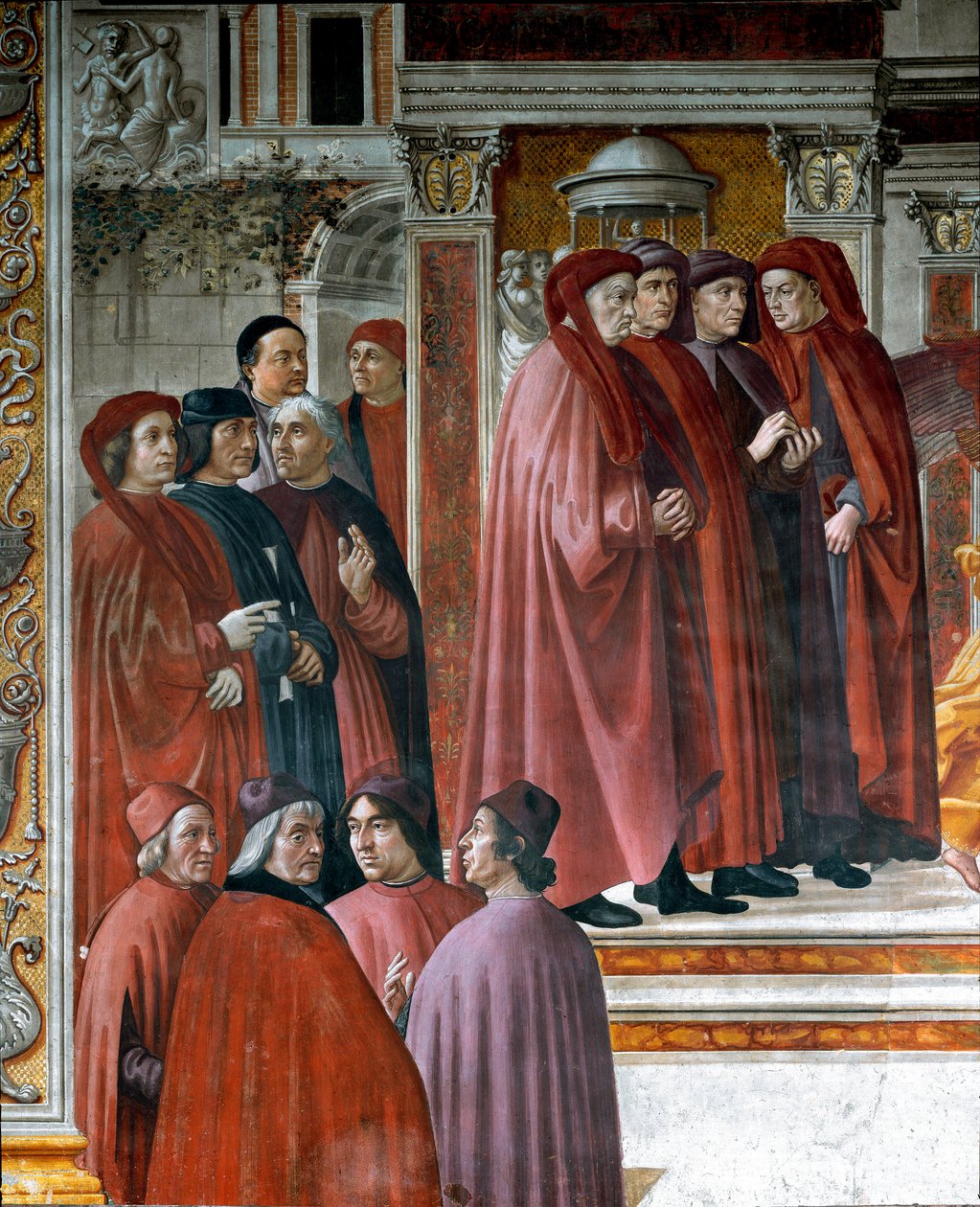 Tillkännagivandet i Zechariah (Zaccharia) Nedan till vänster finns tänkare och intellektuella Marsile Ficin (Ficino), Cristoforo Landino, Angelo Poliziano och Demetrios Chalkondyles (Calcondila). Detalj. Fresco av Domenico di Tommaso Bigordi dit Ghirlandai av Domenico Ghirlandaio