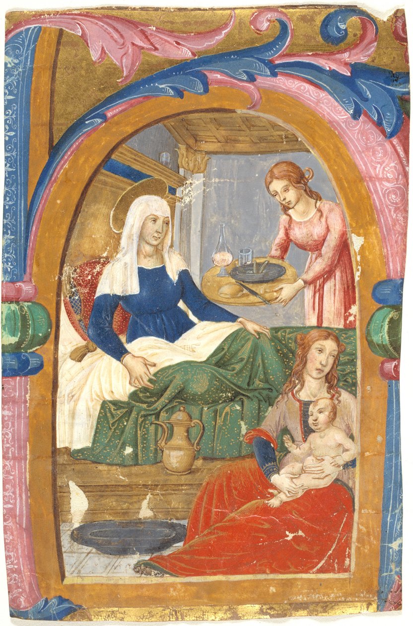 Jungfruns födelse i ett initialt H av Domenico Ghirlandaio