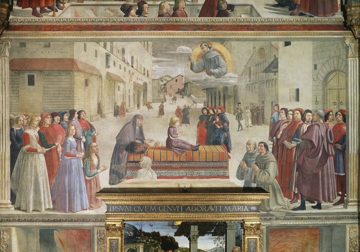 Pojkens mirakel väcktes till liv igen, scen från en cykel av St Francis av Assisis liv, 1486 freskdetalj av 52660 av Domenico Ghirlandaio