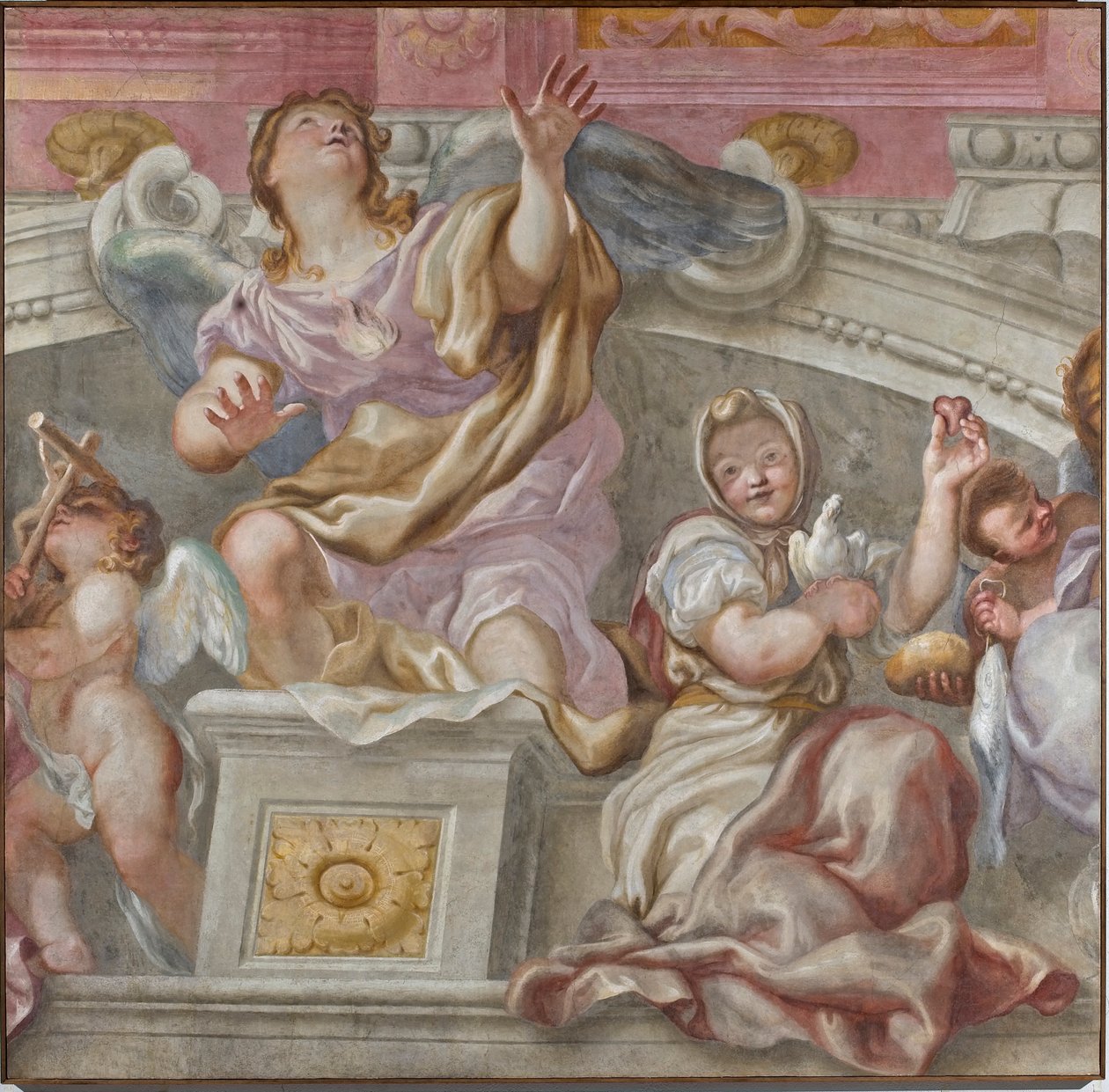 Grupp av dygder: Tro, begär till Gud, uppriktighet, Carita, 1683-84 av Domenico I Piola