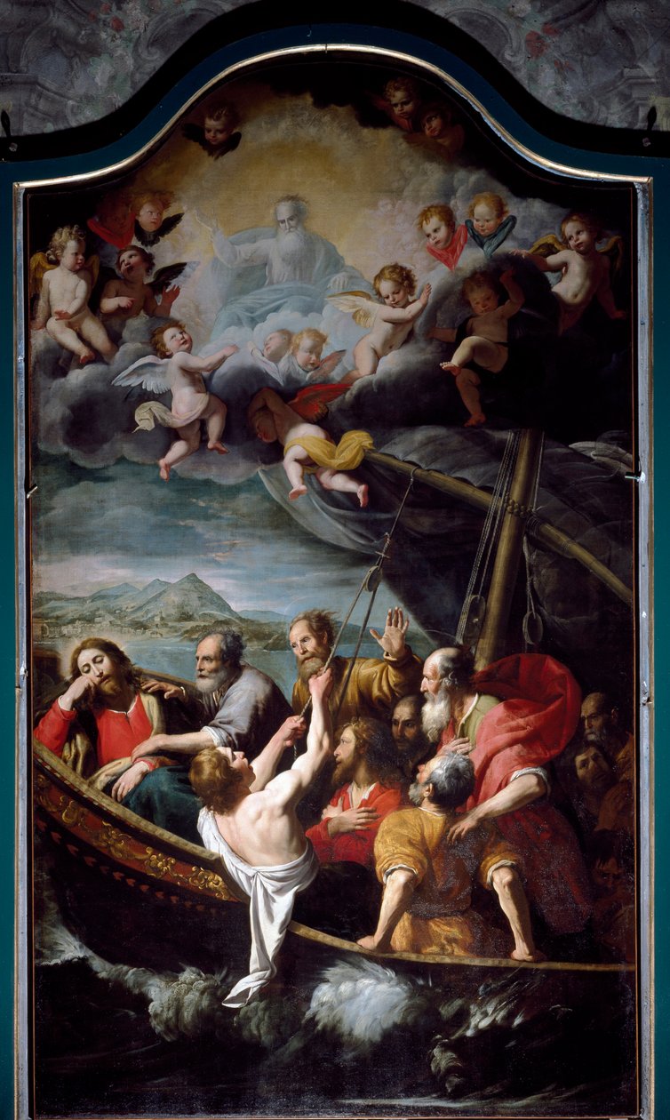 Sankt Nikolaus stillar stormen. Målning av Domenico Fiasella dit il Sarzana (1589-1669) Sestri Ponente, kyrkan Santa Maria dell