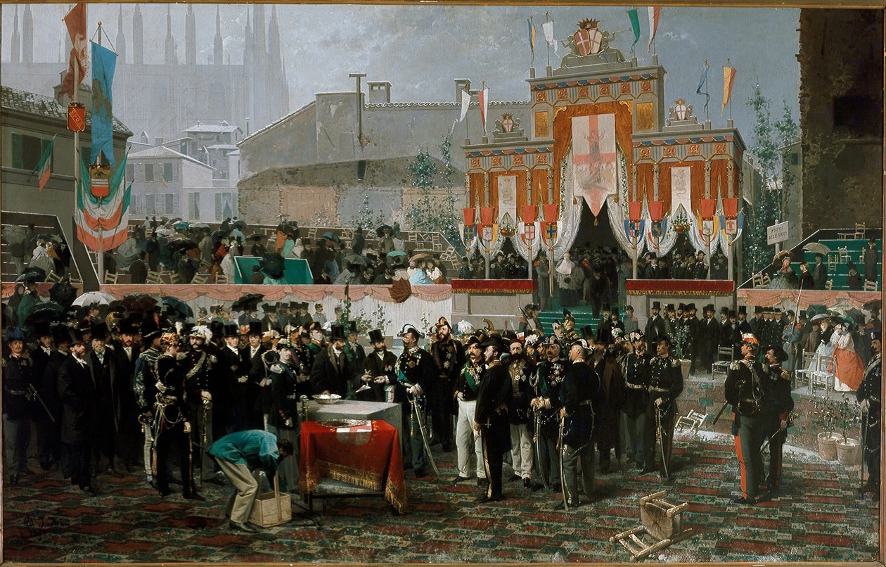 Ceremoni för hörnstenen i galleriet Vittorio Emanuele II den 7 mars 1865 (olja på trä av Domenico Induno