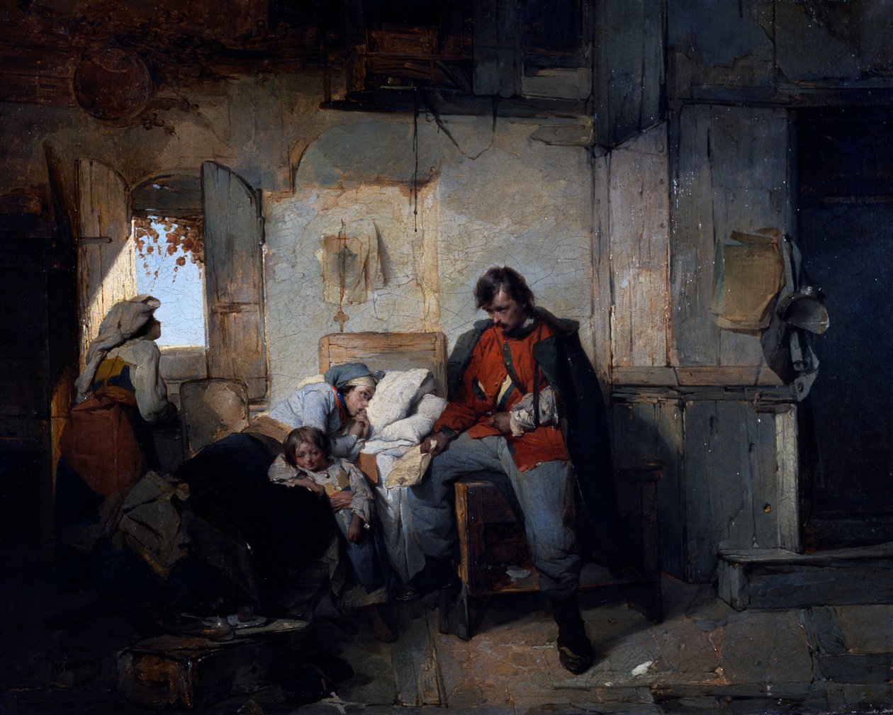 Den skadade soldatens återkomst, ca 1854, av Domenico Induno (1815-1878), olja på duk, 42x53 cm, Italien av Domenico Induno
