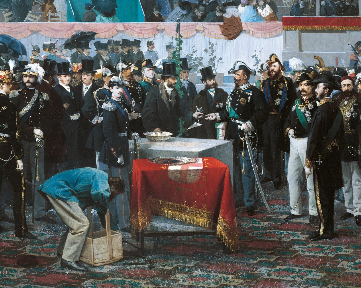 Hörnstensläggningen av Galleria Vittorio Emanuele i Milano, av Domenico Induno, detalj, olja på duk av Domenico Induno