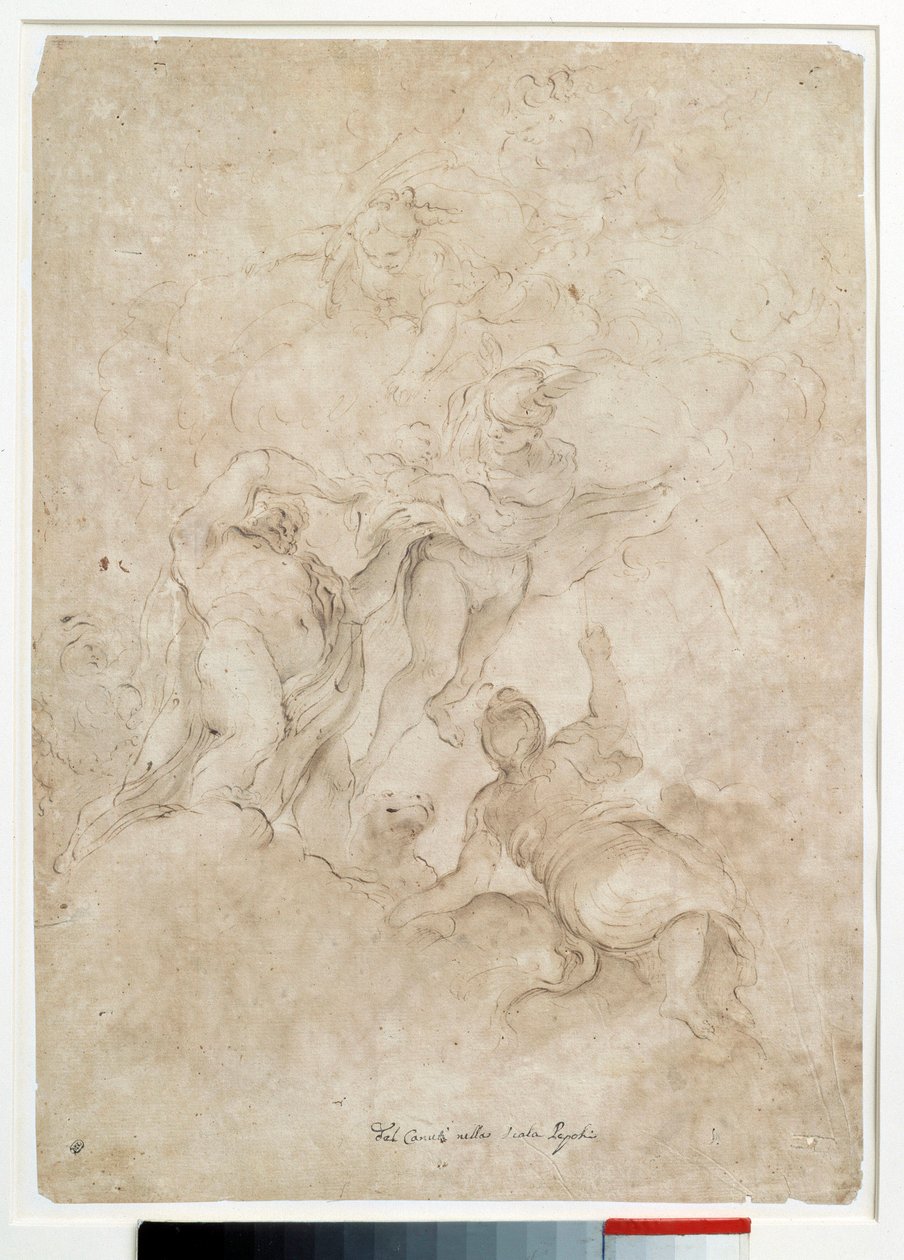 Jupiter anförtror Bacchus till Mercure Drawing med brun tvätt och blod av Domenico Canuti (1620-1684) Paris. Louvren av Domenico Maria Canuti