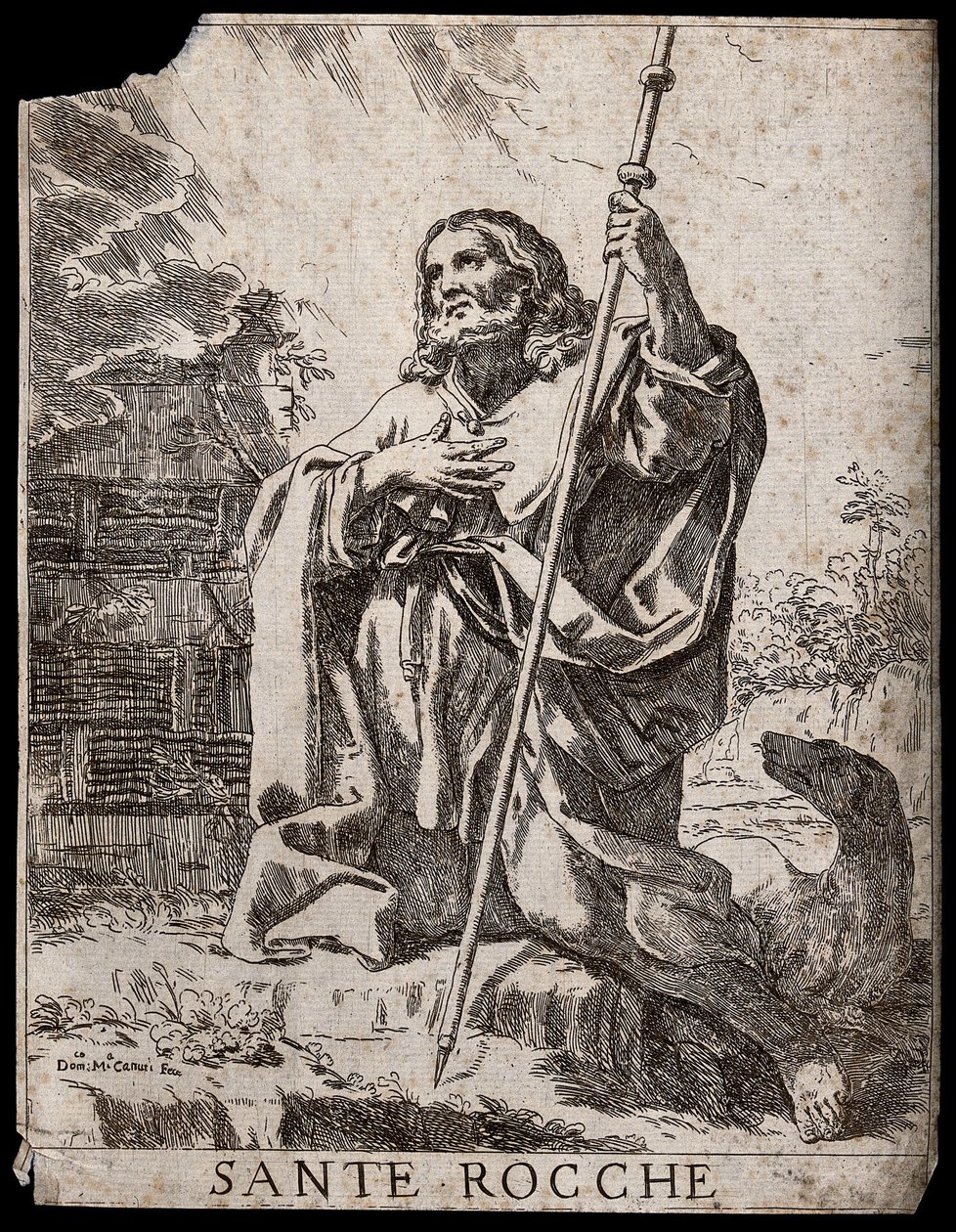 Sankt Rochus. Etsning av D. M. Canuti. av Domenico Maria Canuti