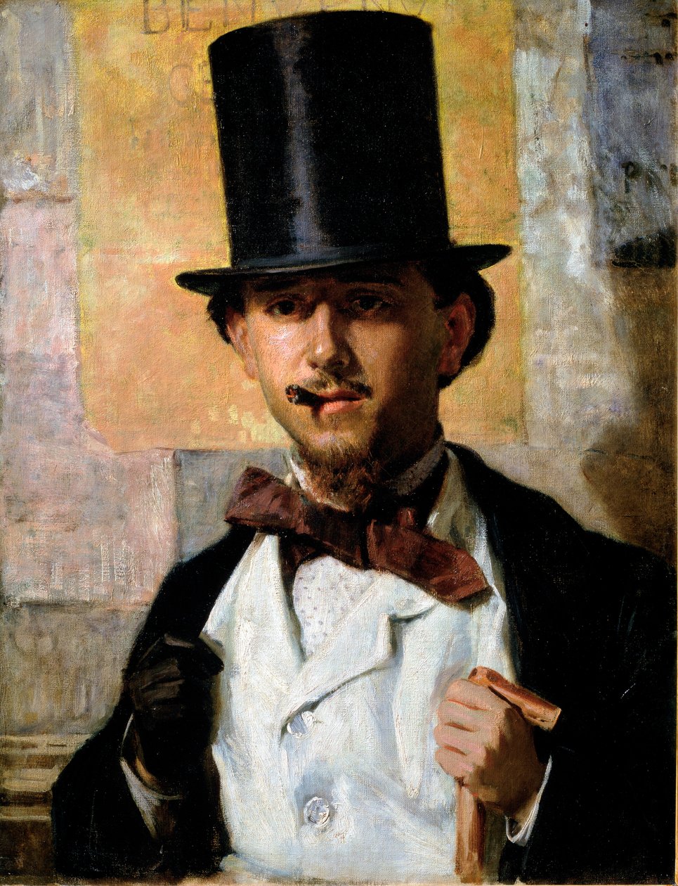 Porträtt av den italienske målaren Bernardo Celentano (1835-1863) Elegant man i hög hatt och kostym, fluga, käpp och handske. Målning av Domenico Morelli (1826-1901) 1859 sön. 67x52 cm Rom, Galleria Nazionale d